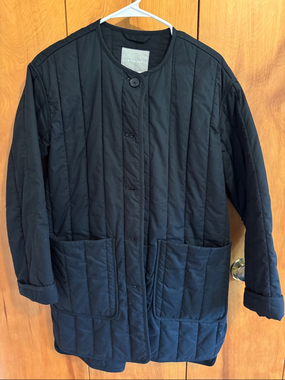 Everlane Black Quilted Collarless Puffer Coat